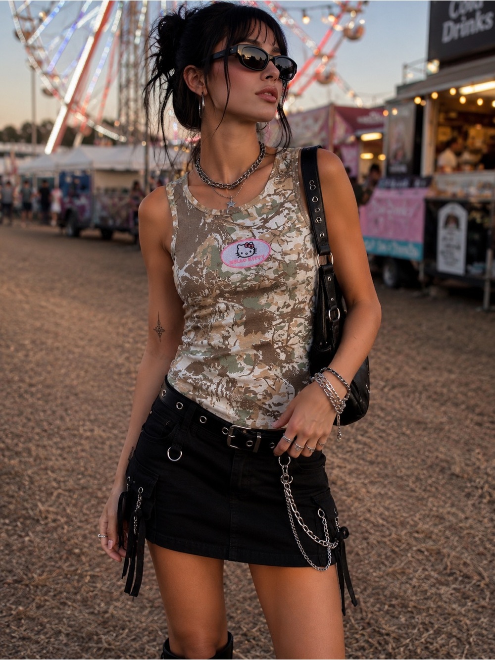 Hello Kitty Camo Tank Top Y2K Festival Grunge Streetwear Medium New